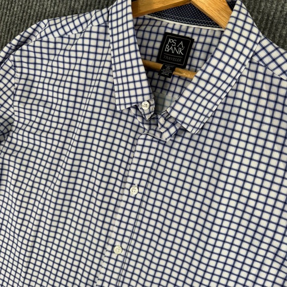 Jos A Bank Mens XXL Traveler Slim Fit Blue White Gingham Dress Shirt Performance - Picture 4 of 10
